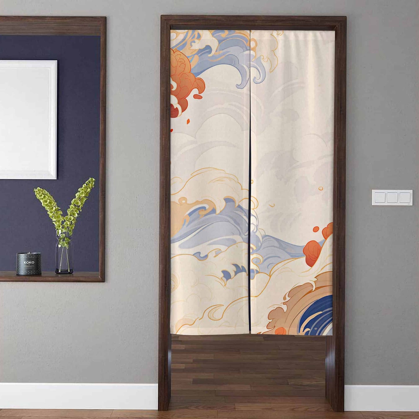 Japanese Traditional Ukiyo-e Ocean Wave & Cloud Doorway Curtain Noren Asian Room Divider