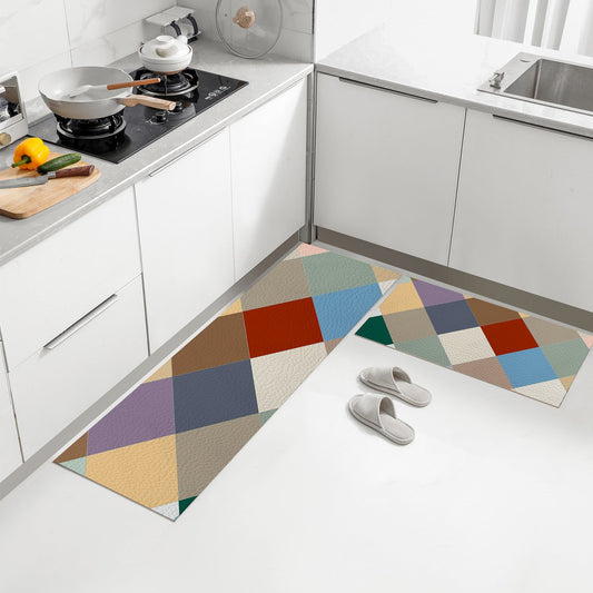 Modern Geometric Color Block Kitchen Mat & Runner - Waterproof Anti-Fatigue Floor Rugs (Set of 2 Available)
