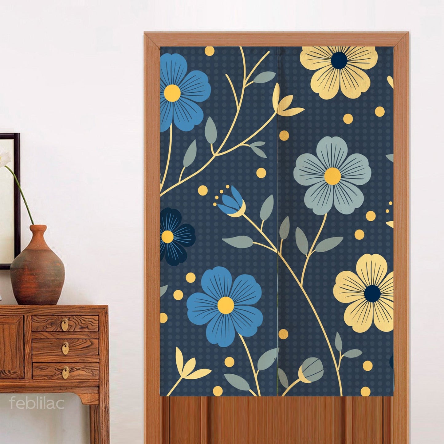 Japanese Blue and Gold Flowers Door Curtain