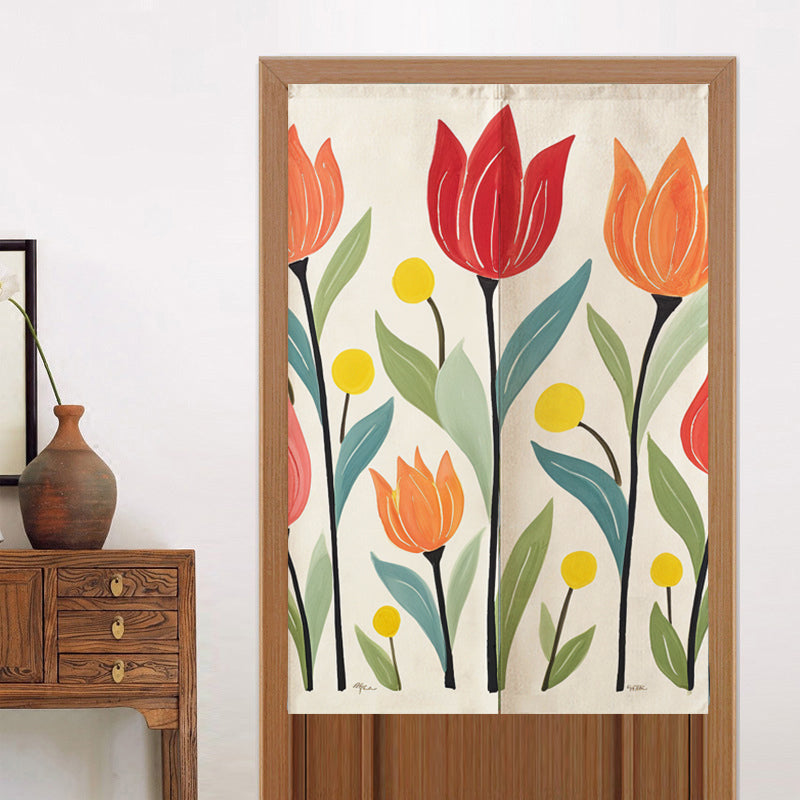 Tulips Off-white Background Door Curtain