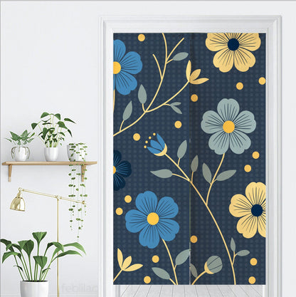 Japanese Blue and Gold Flowers Door Curtain