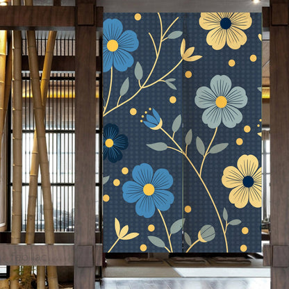 Japanese Blue and Gold Flowers Door Curtain