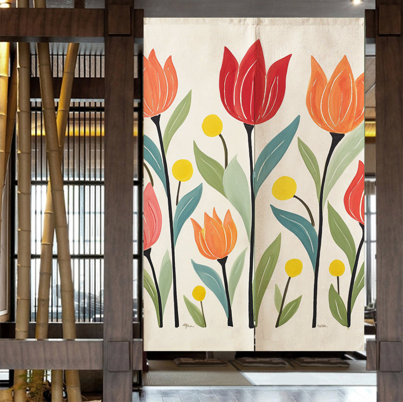 Tulips Off-white Background Door Curtain