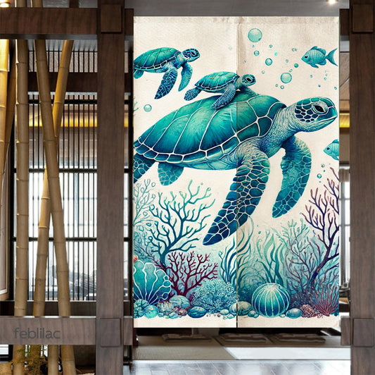 Sea Turtle Mother and Child Watercolor Door Curtain