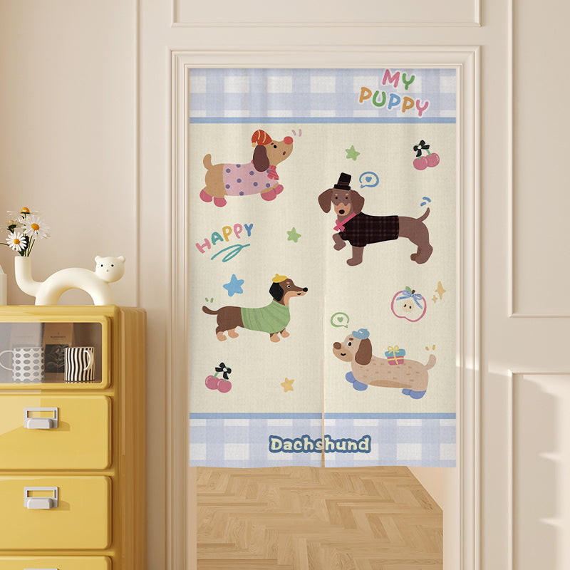 Beige blue plaid background puppy Door Curtain