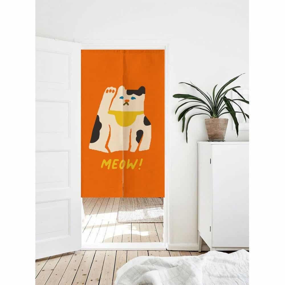 Cute Cat Raising Paw Illustration Doorway Curtain Noren image 1