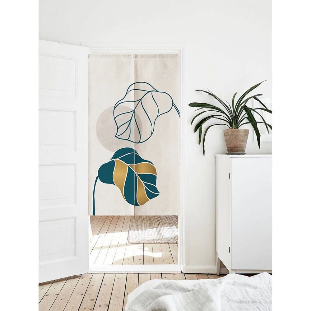 Hand Drawn Pastel Blue Leaves Art Print Doorway Noren Curtain image 0