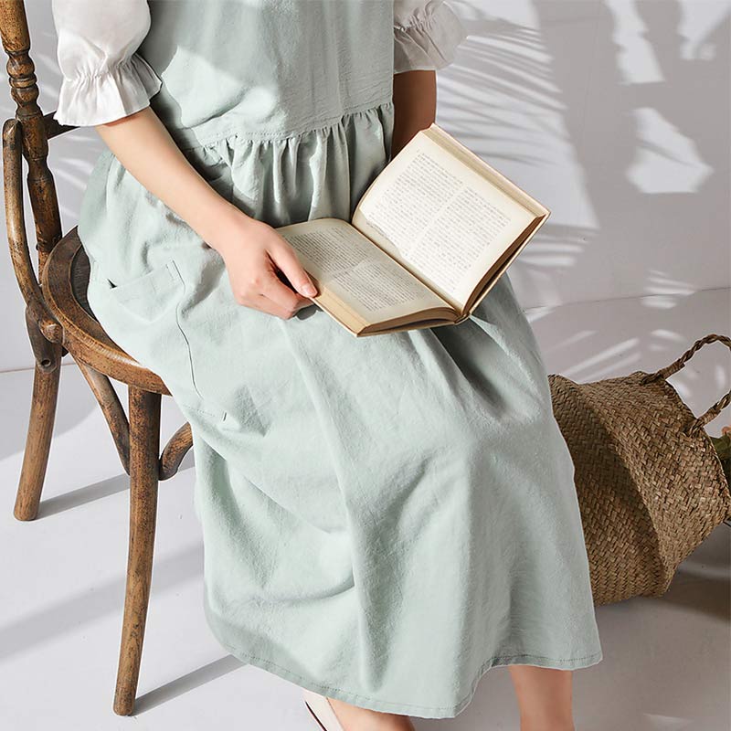 Japanese Cross-Back Cotton Pinafore Apron with Pockets – No-Tie Soft Cooking & Gardening Apron