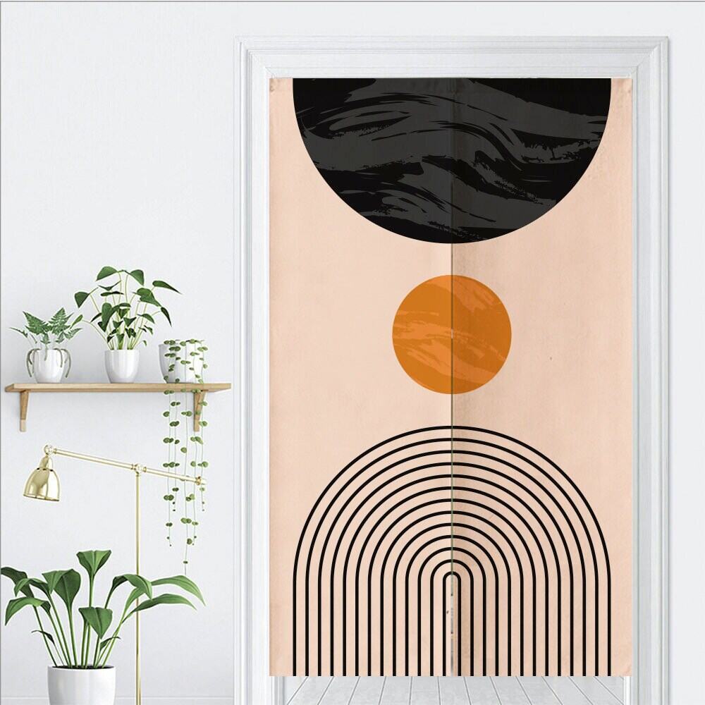 Pink backdrop with orange circular shapes and line elements Doorway Curtain Noren image 1