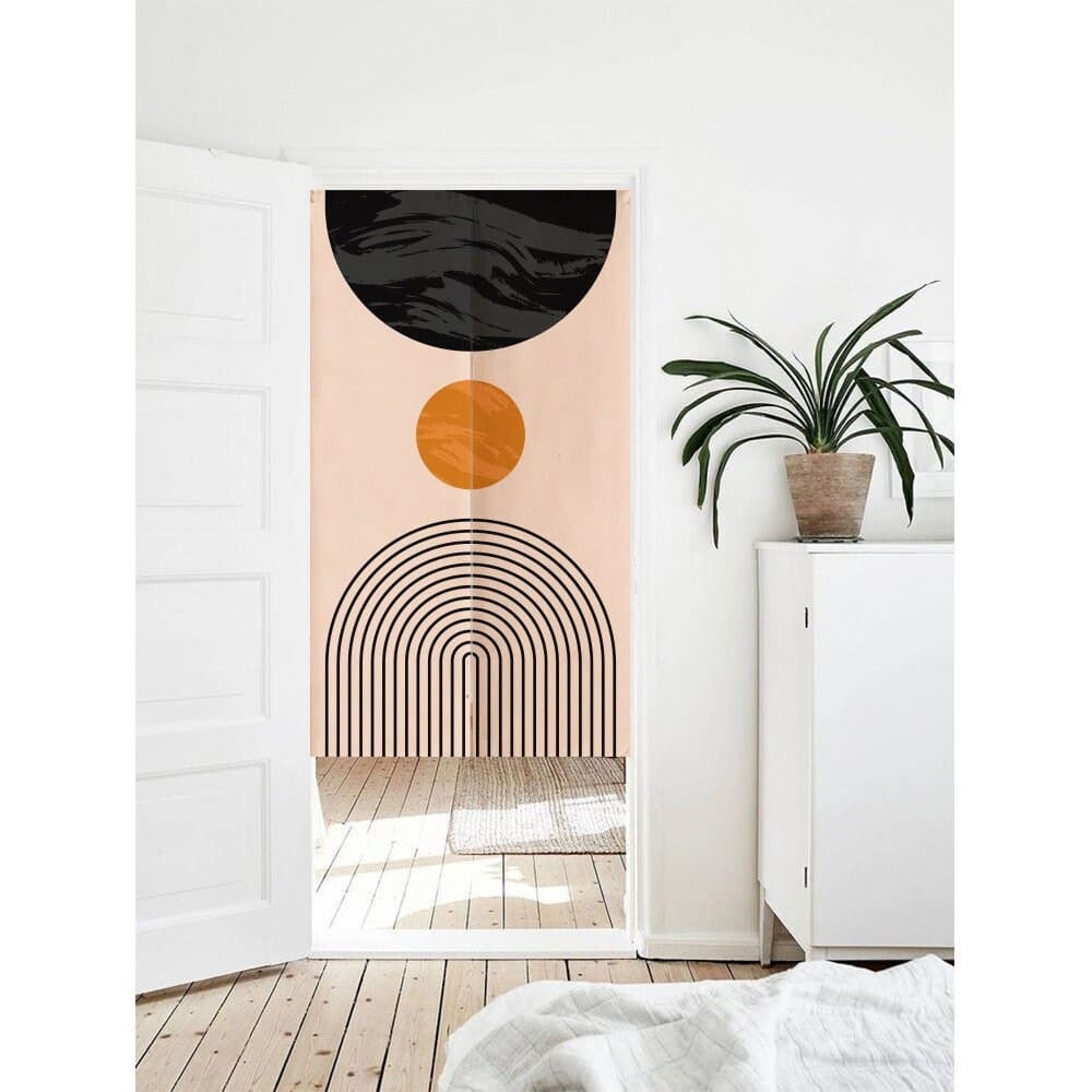 Pink backdrop with orange circular shapes and line elements Doorway Curtain Noren image 0