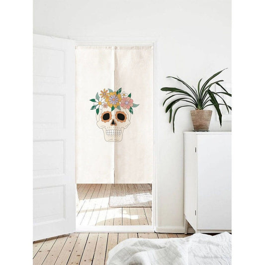 Unique Floral Skull Art Print Doorway Entrance Curtain Noren image 0