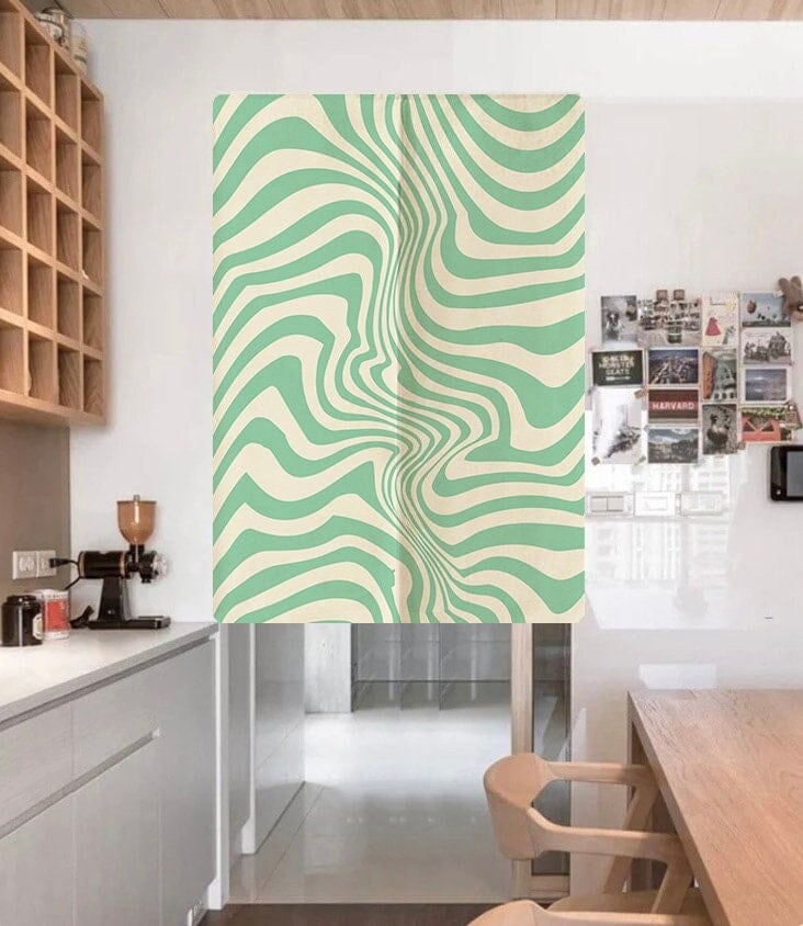 Abstract Bright Green Curvy Line Art Doorway Curtain Noren image 0
