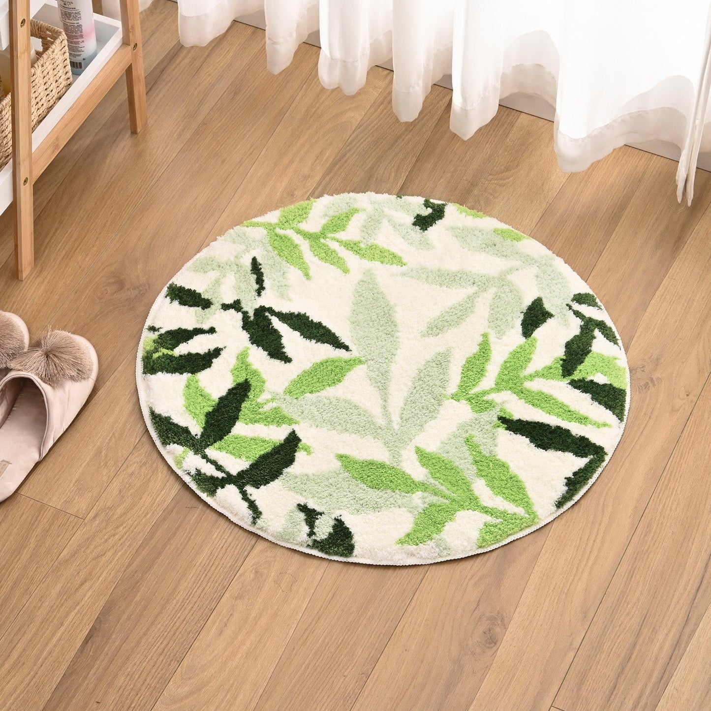 Green Leaves Bath Mat, Extra Soft Water Absorbent Bathroom Rug, Non-Slip Botanical Floor Mat