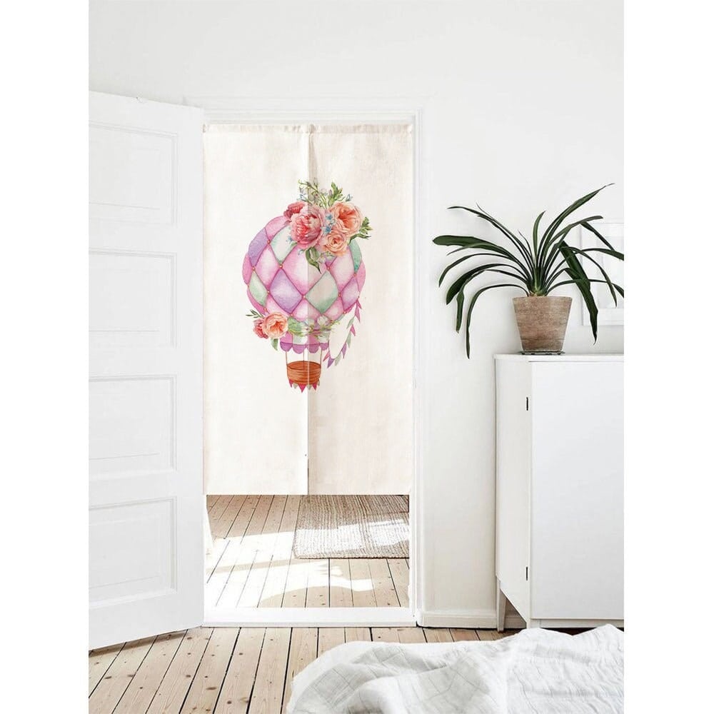 Watercolour Hand Drawn Floral Hot Air Balloon Print Doorway Curtain Noren image 0
