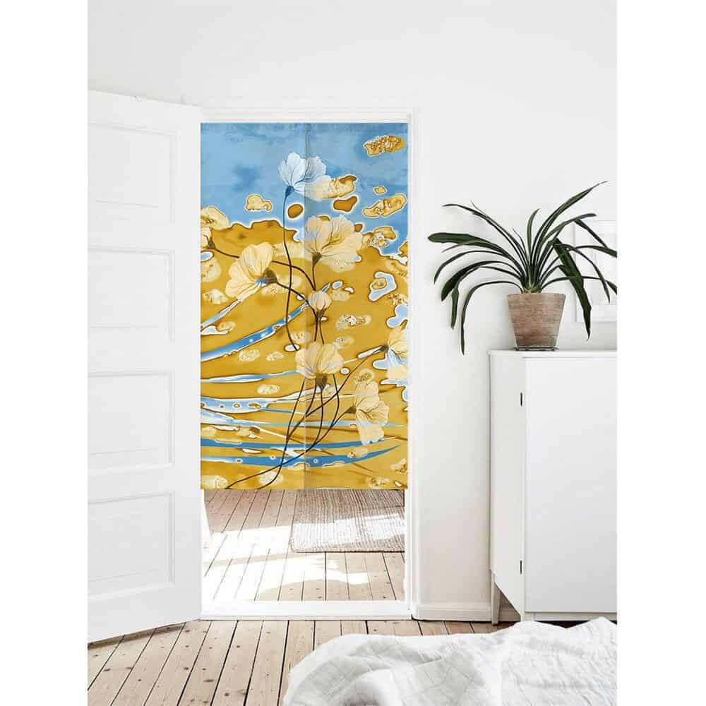 Japanese Blue Gold Watercolor Floral Doorway Noren Curtain image 0