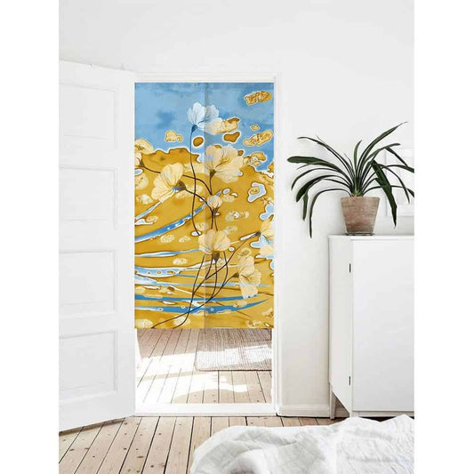 Japanese Blue Gold Watercolor Floral Doorway Noren Curtain image 0