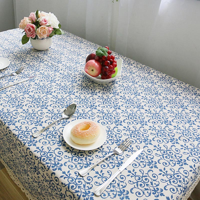 Blue White Lace Brim Table Cover