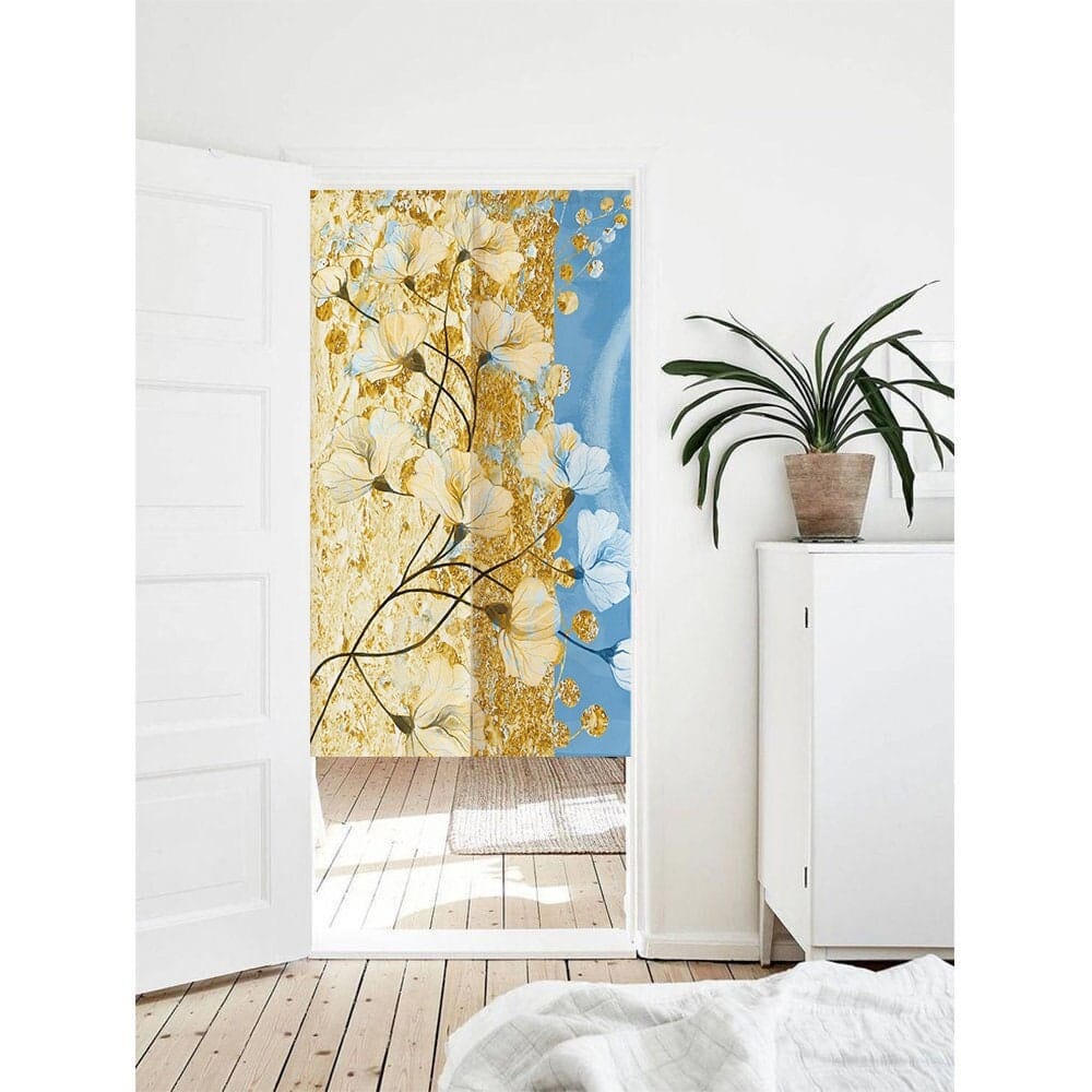 Japanese Blue Gold Watercolor Floral Doorway Noren Curtain image 0