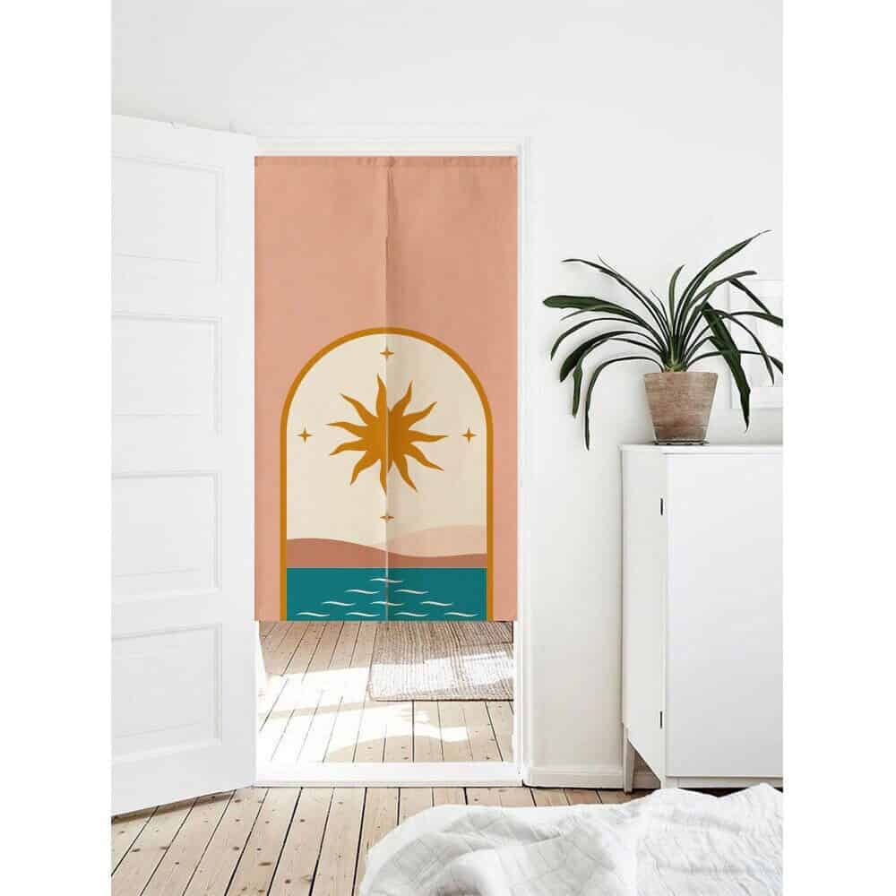 Arched window, sun and blue ocean Doorway Curtain Noren image 0