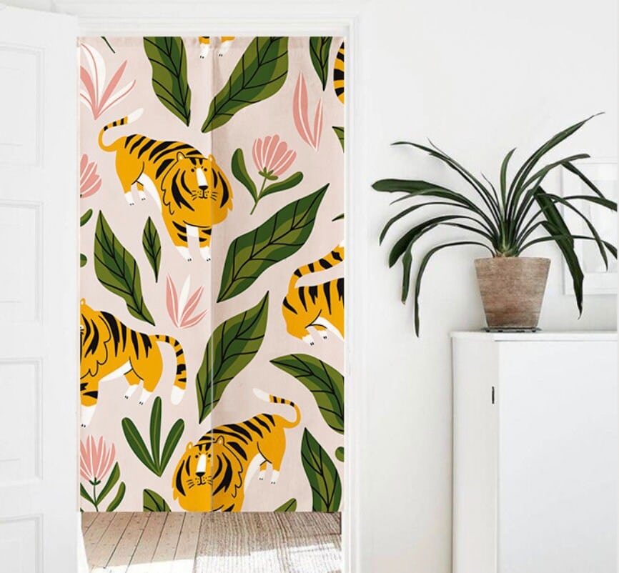 Hand Drawn Cute Pink Tiger Leaves Doorway Curtain Noren image 0