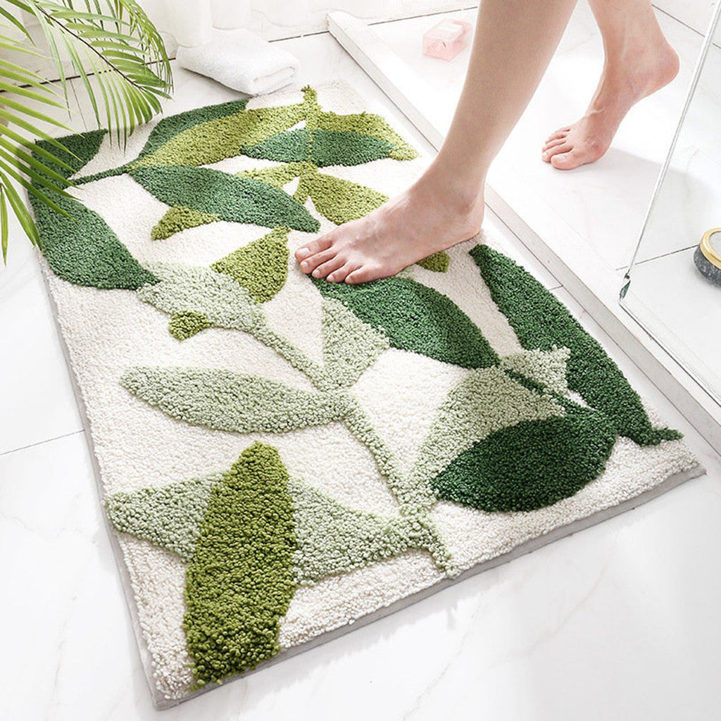Green Leaves Bath Mat - Ultra-Soft Absorbent Fluffy Bathroom Rug | Non-Slip Washable Botanical Bath Rug