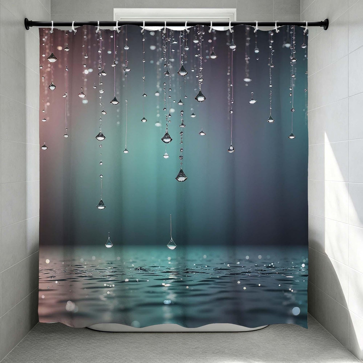 Aesthetic Water Drop Shower Curtain, Gradient Teal Blue Grey Bathroom Curtain with Sparkling Raindrops, Nature Art Print Shower Curtain.