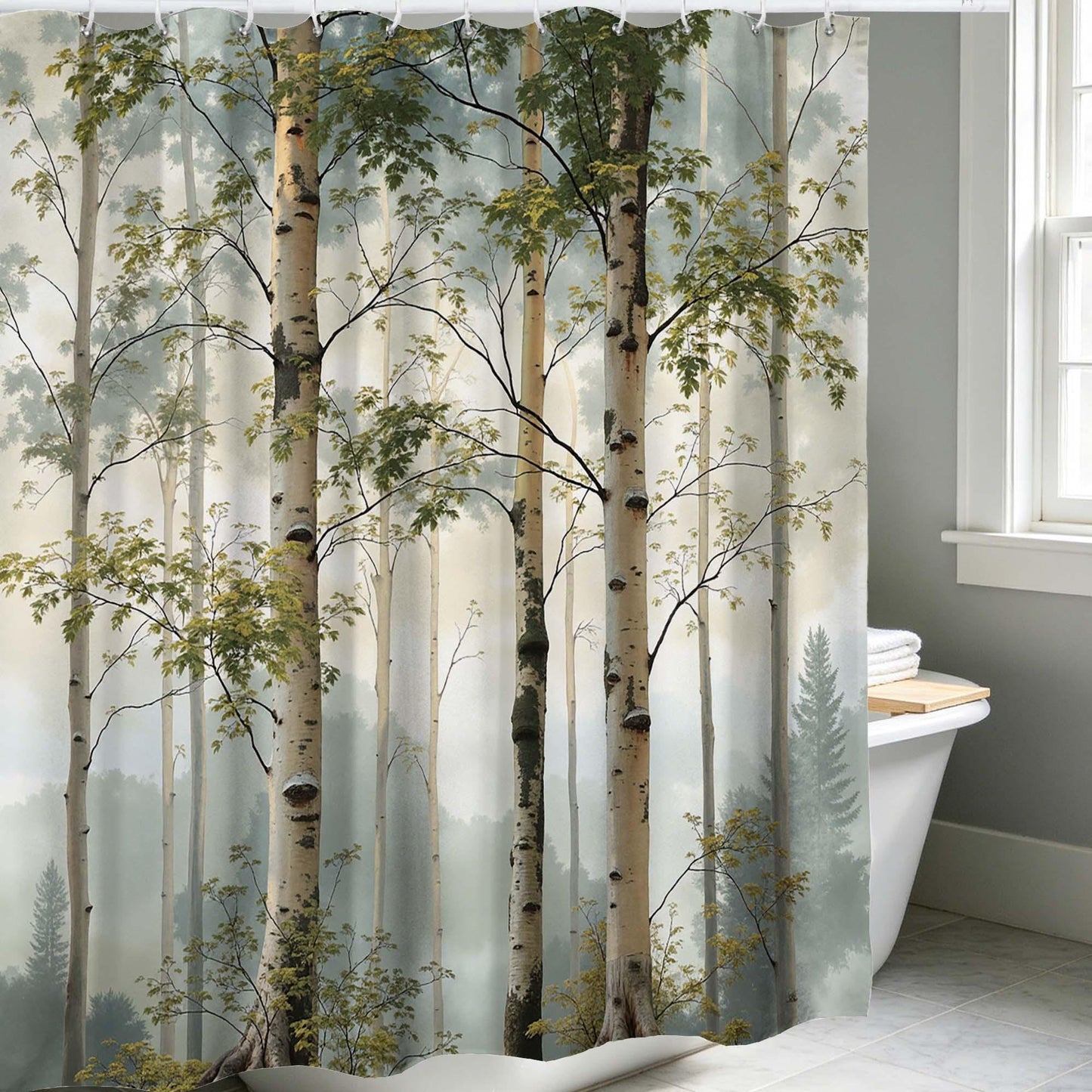 Misty Birch Tree Forest Shower Curtain, Nature Aspen Woodland Landscape Bathroom Curtain, Foggy Neutral Green Scenic Bath Curtain.