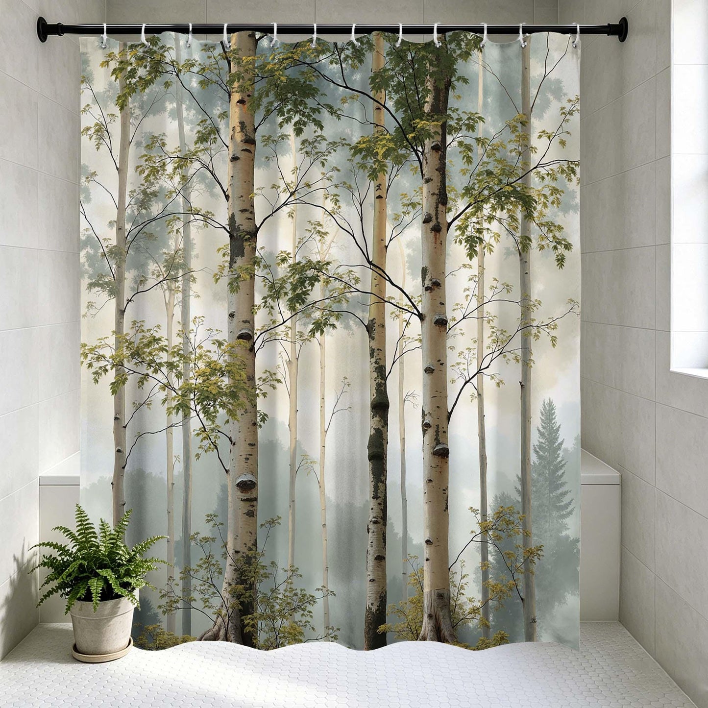 Misty Birch Tree Forest Shower Curtain, Nature Aspen Woodland Landscape Bathroom Curtain, Foggy Neutral Green Scenic Bath Curtain.