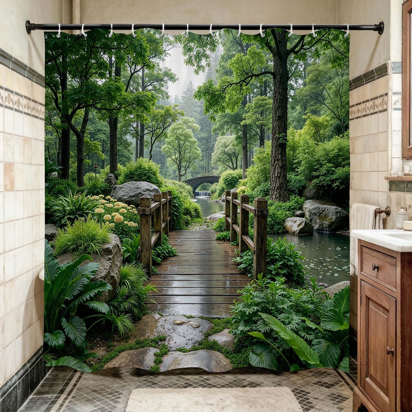 Garden Shower Curtain, Zen Forest Wooden Bridge Pathway Nature Landscape Fabric Bathroom Curtain, Green Botanical Scenic.
