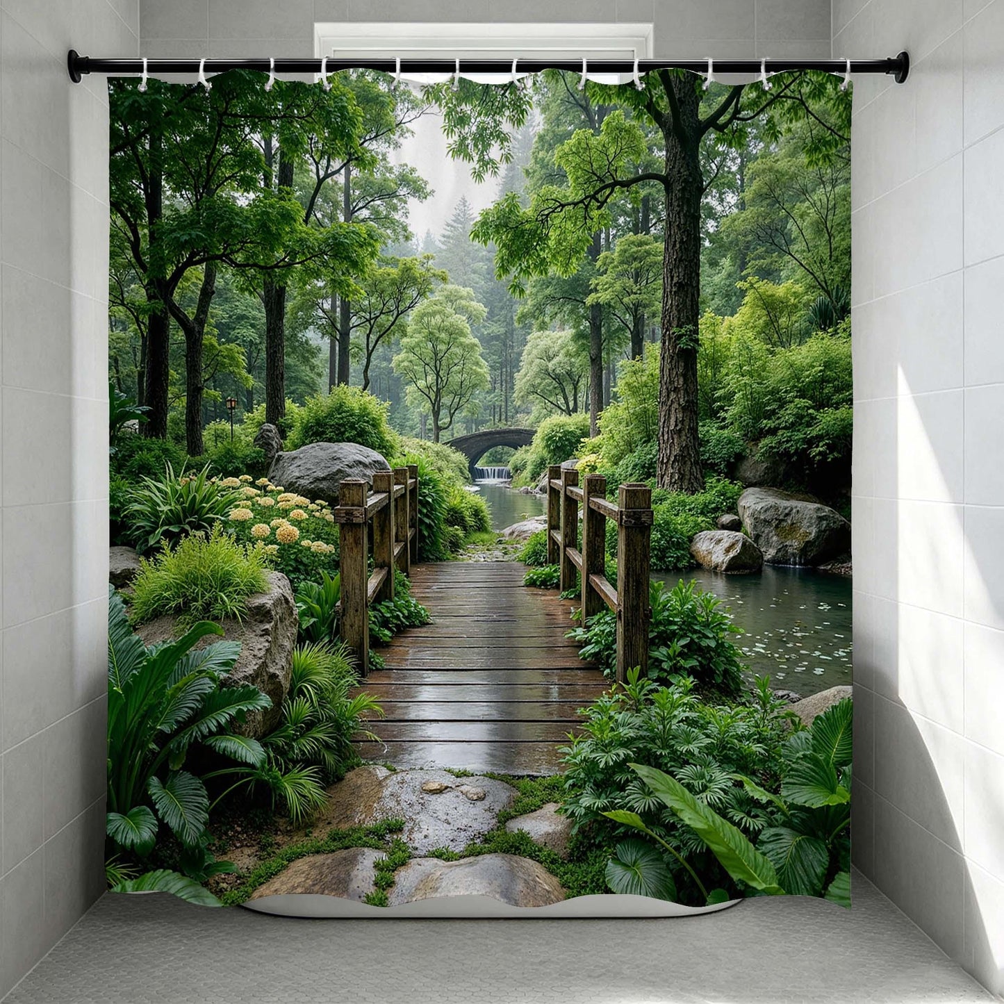 Garden Shower Curtain, Zen Forest Wooden Bridge Pathway Nature Landscape Fabric Bathroom Curtain, Green Botanical Scenic.
