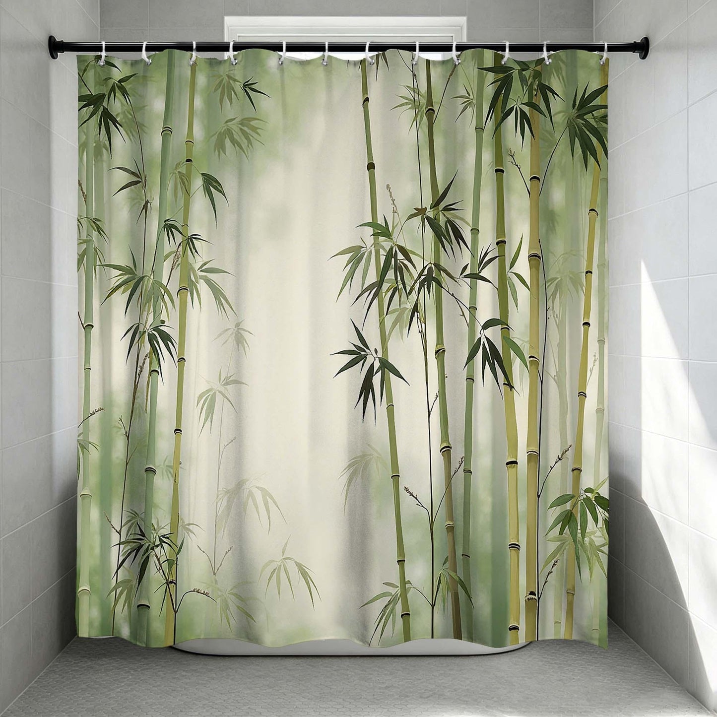 Bamboo Shower Curtain, Green Zen Forest Nature Botanical Fabric Bathroom Curtain, Asian Style Minimalist Polyester Shower Curtain.