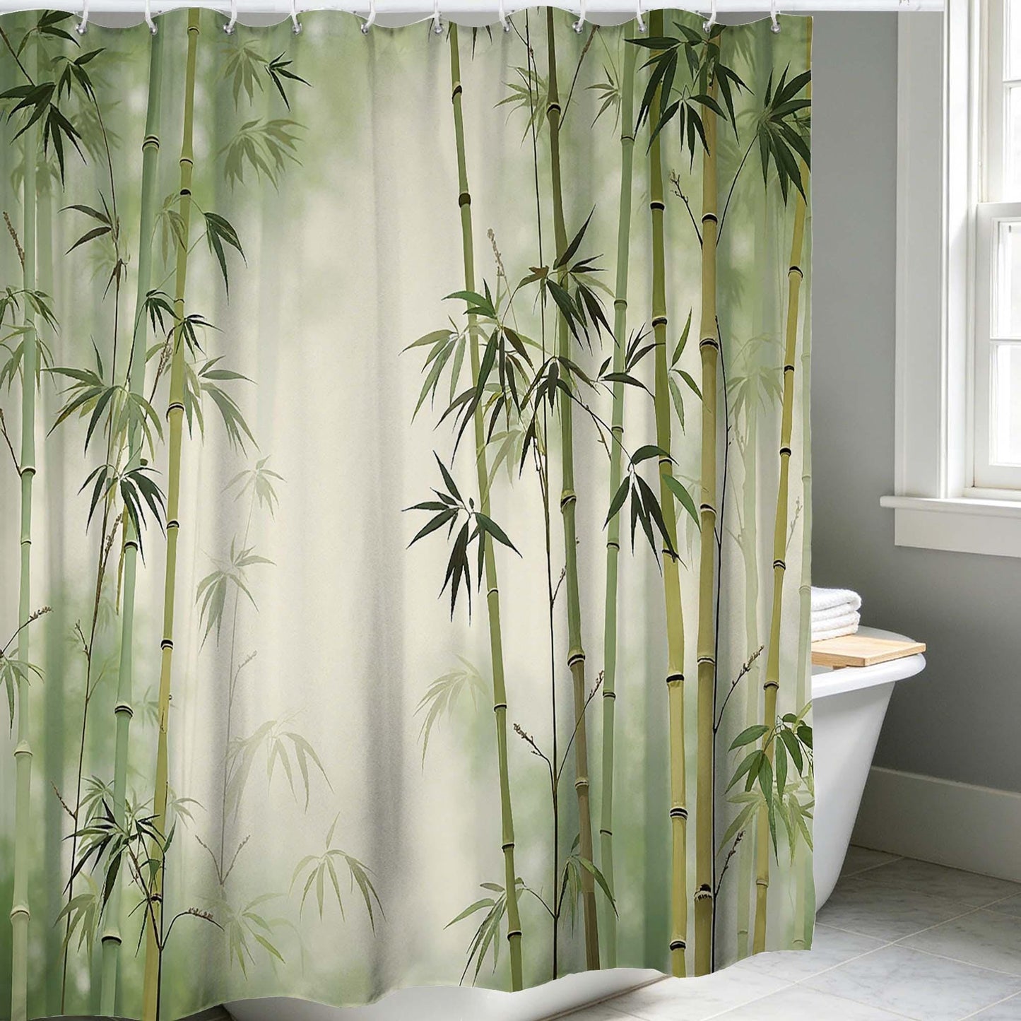 Bamboo Shower Curtain, Green Zen Forest Nature Botanical Fabric Bathroom Curtain, Asian Style Minimalist Polyester Shower Curtain.