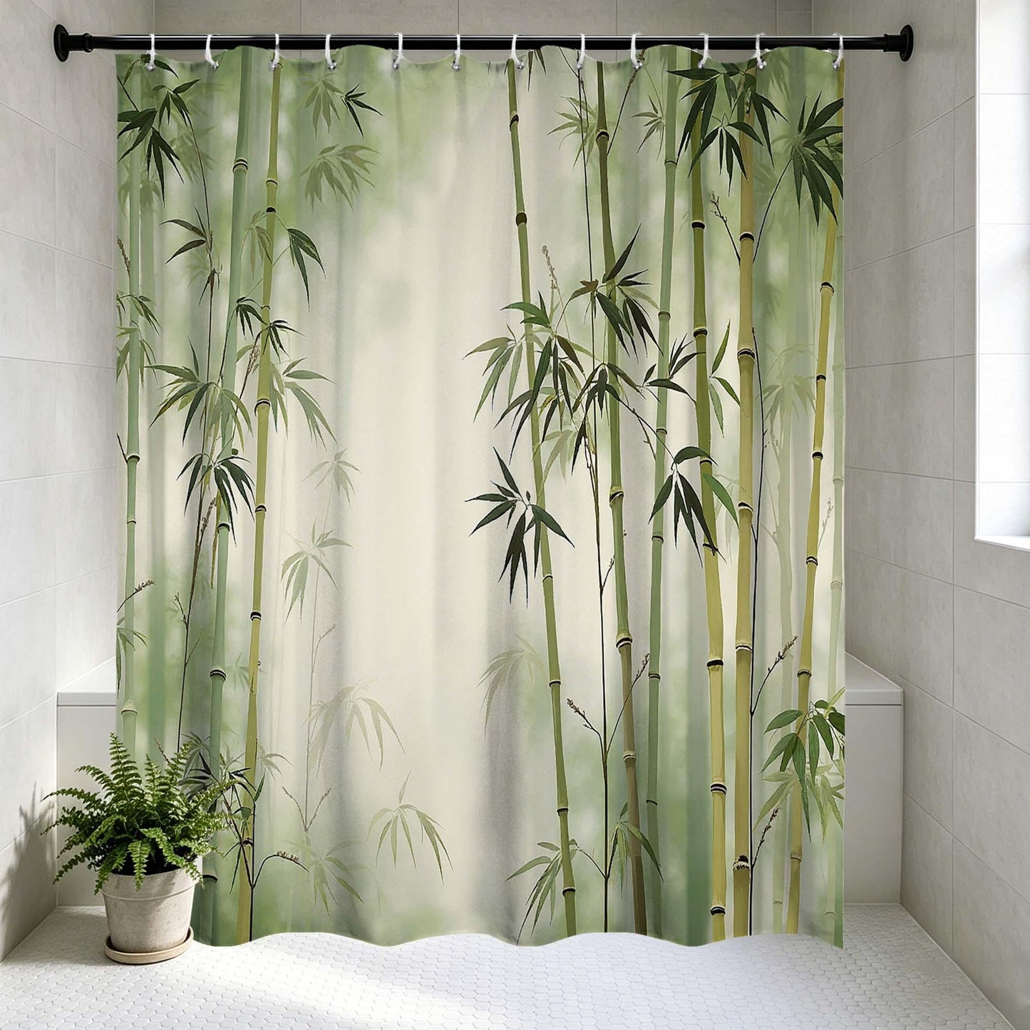 Bamboo Shower Curtain, Green Zen Forest Nature Botanical Fabric Bathroom Curtain, Asian Style Minimalist Polyester Shower Curtain.