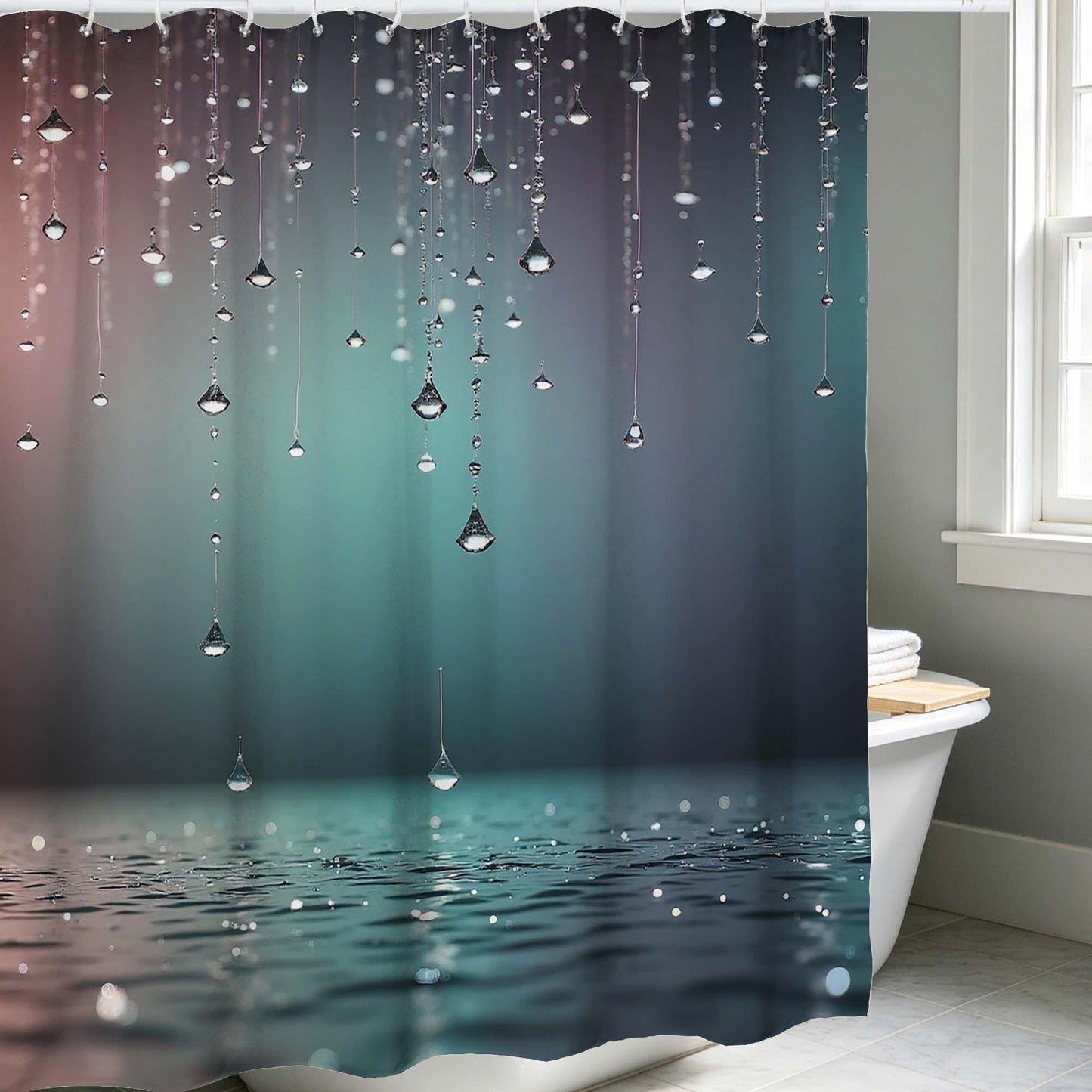 Aesthetic Water Drop Shower Curtain, Gradient Teal Blue Grey Bathroom Curtain with Sparkling Raindrops, Nature Art Print Shower Curtain.