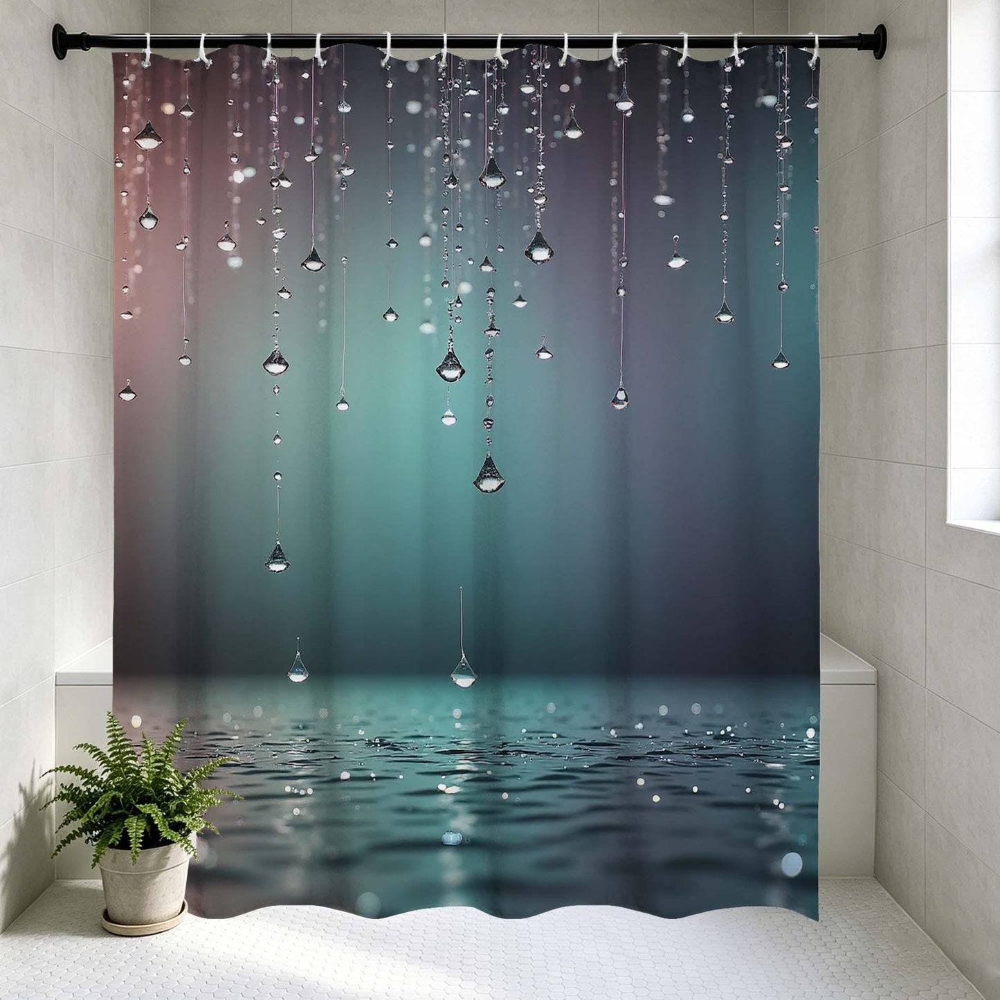 Aesthetic Water Drop Shower Curtain, Gradient Teal Blue Grey Bathroom Curtain with Sparkling Raindrops, Nature Art Print Shower Curtain.