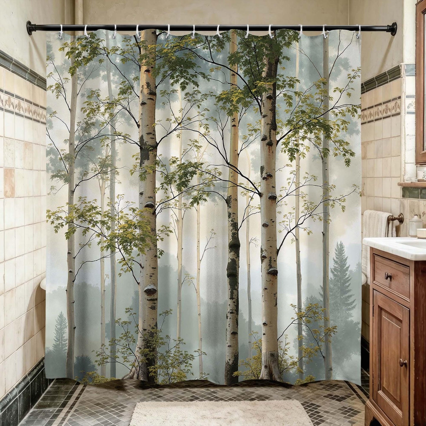 Misty Birch Tree Forest Shower Curtain, Nature Aspen Woodland Landscape Bathroom Curtain, Foggy Neutral Green Scenic Bath Curtain.