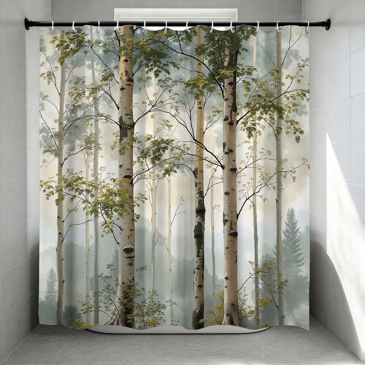 Misty Birch Tree Forest Shower Curtain, Nature Aspen Woodland Landscape Bathroom Curtain, Foggy Neutral Green Scenic Bath Curtain.