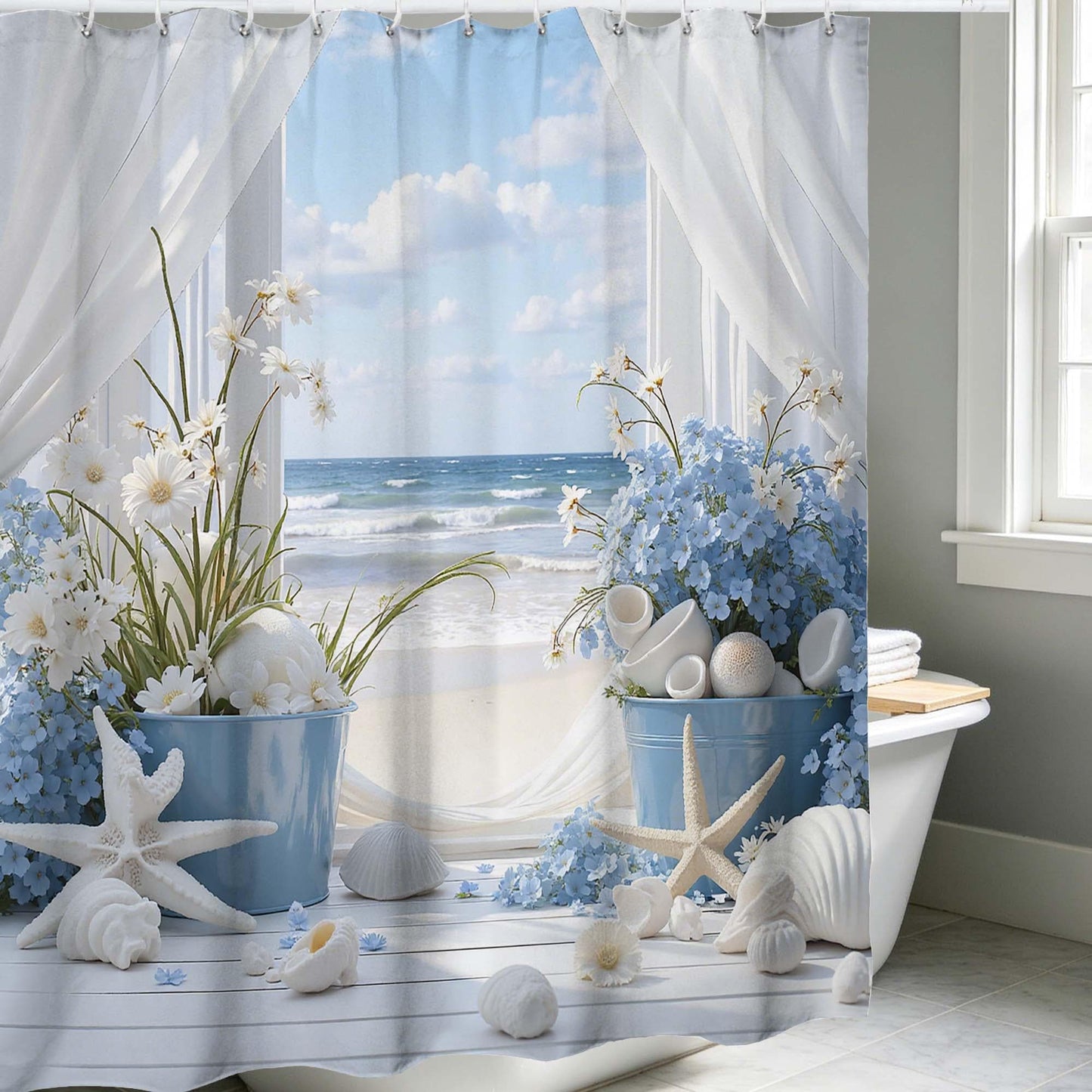 Nautical Beach Window Shower Curtain, Blue and White Floral Starfish Seashell Ocean Wave Bathroom Curtain,Coastal Summer Bathroom Decor.