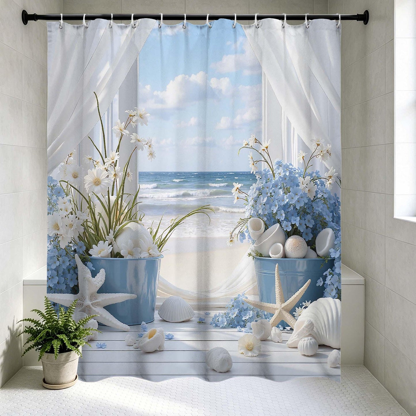Nautical Beach Window Shower Curtain, Blue and White Floral Starfish Seashell Ocean Wave Bathroom Curtain,Coastal Summer Bathroom Decor.