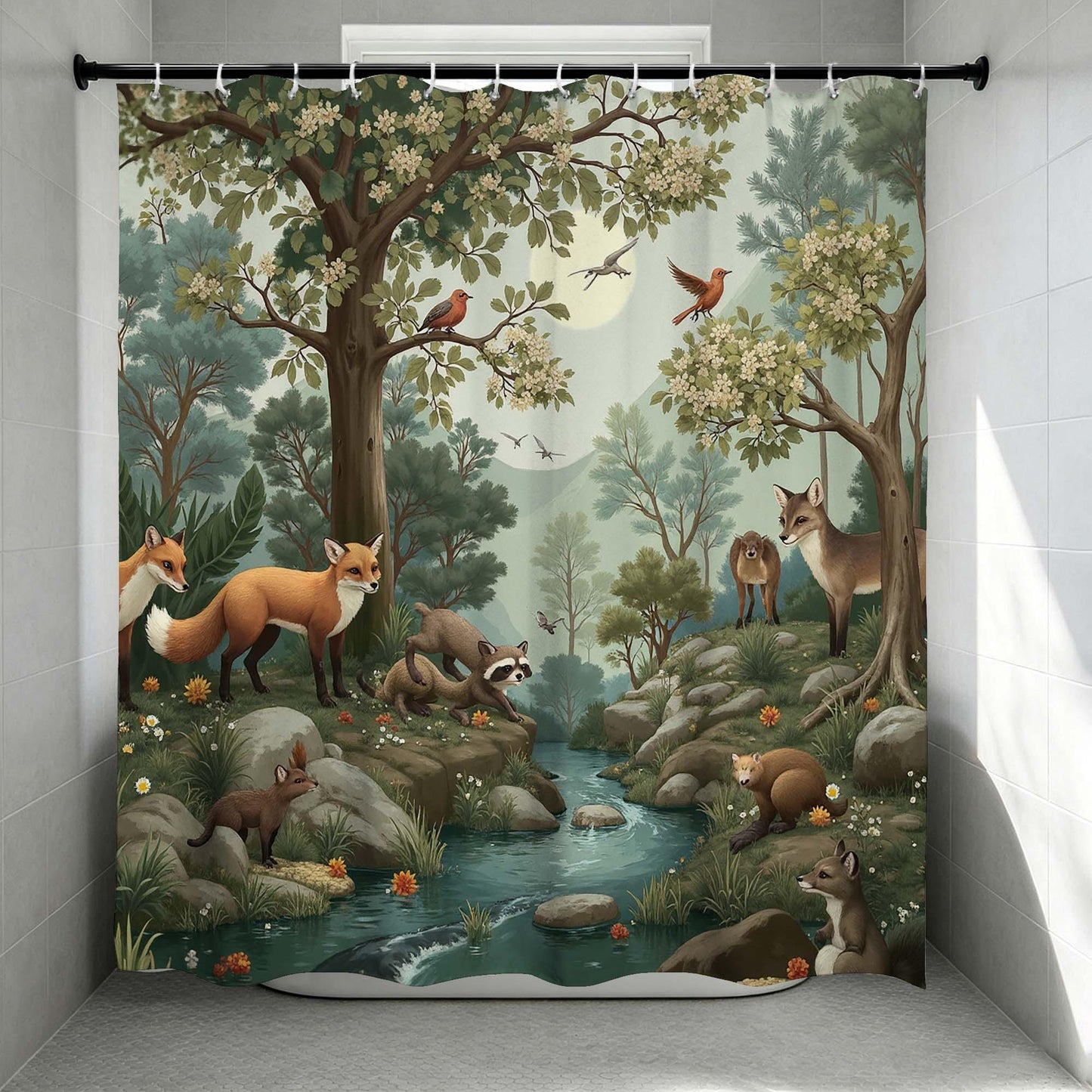 Woodland Animal Shower Curtain, Forest Fox Raccoon and Birds by Stream Print Bathroom Curtain,Nature Bathroom Decor.