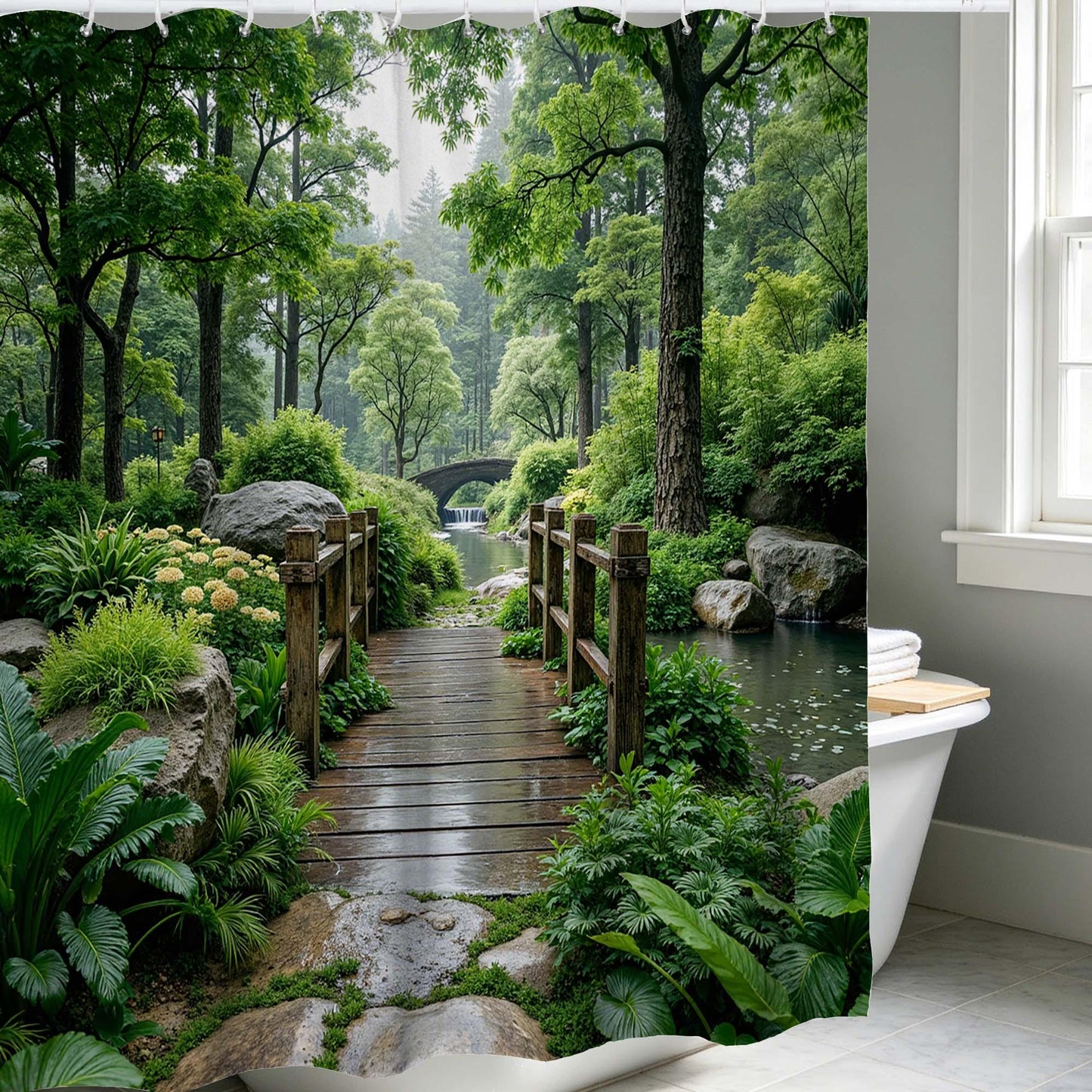 Garden Shower Curtain, Zen Forest Wooden Bridge Pathway Nature Landscape Fabric Bathroom Curtain, Green Botanical Scenic.