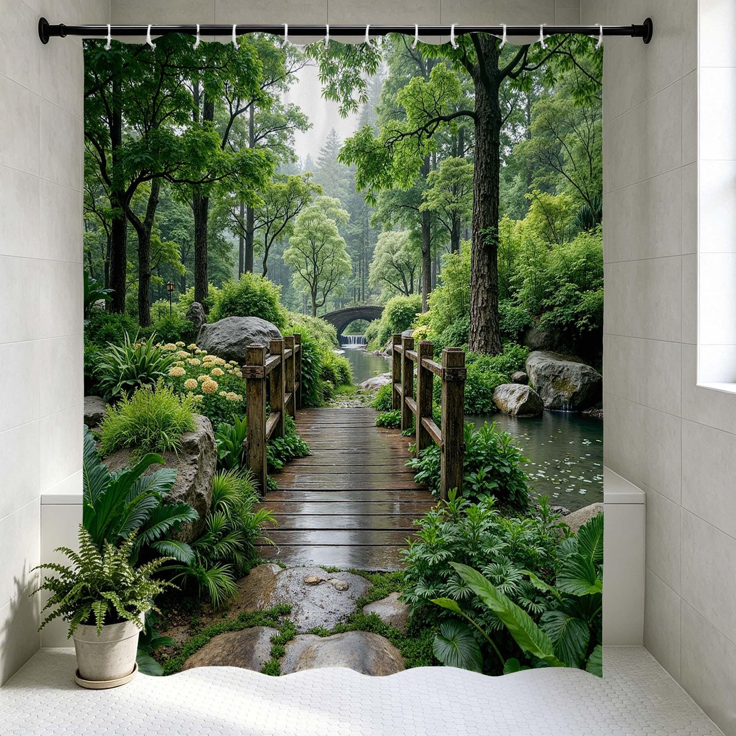 Garden Shower Curtain, Zen Forest Wooden Bridge Pathway Nature Landscape Fabric Bathroom Curtain, Green Botanical Scenic.