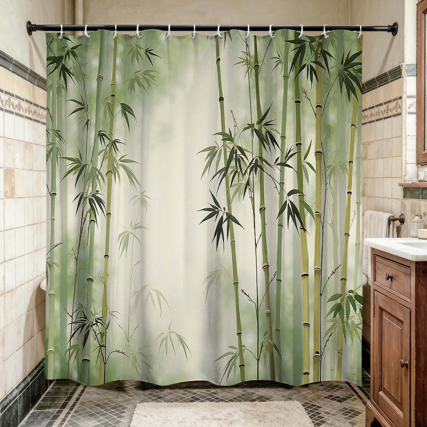 Bamboo Shower Curtain, Green Zen Forest Nature Botanical Fabric Bathroom Curtain, Asian Style Minimalist Polyester Shower Curtain.