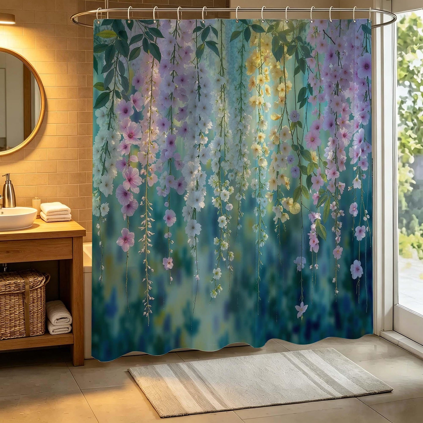Boho Floral Shower Curtain, Dreamy Watercolor Hanging Flower Vines Print Bathroom Curtain, Teal Green Background Botanical Blossom.