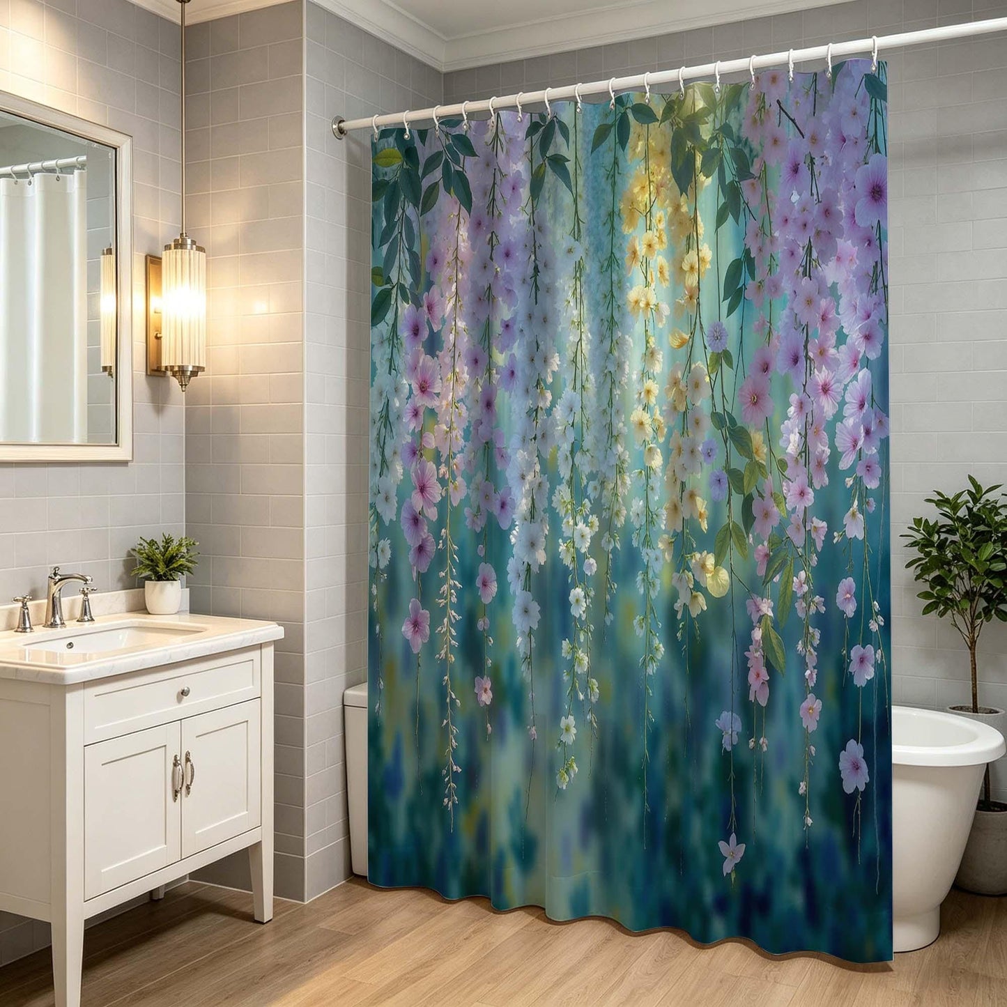 Boho Floral Shower Curtain, Dreamy Watercolor Hanging Flower Vines Print Bathroom Curtain, Teal Green Background Botanical Blossom.