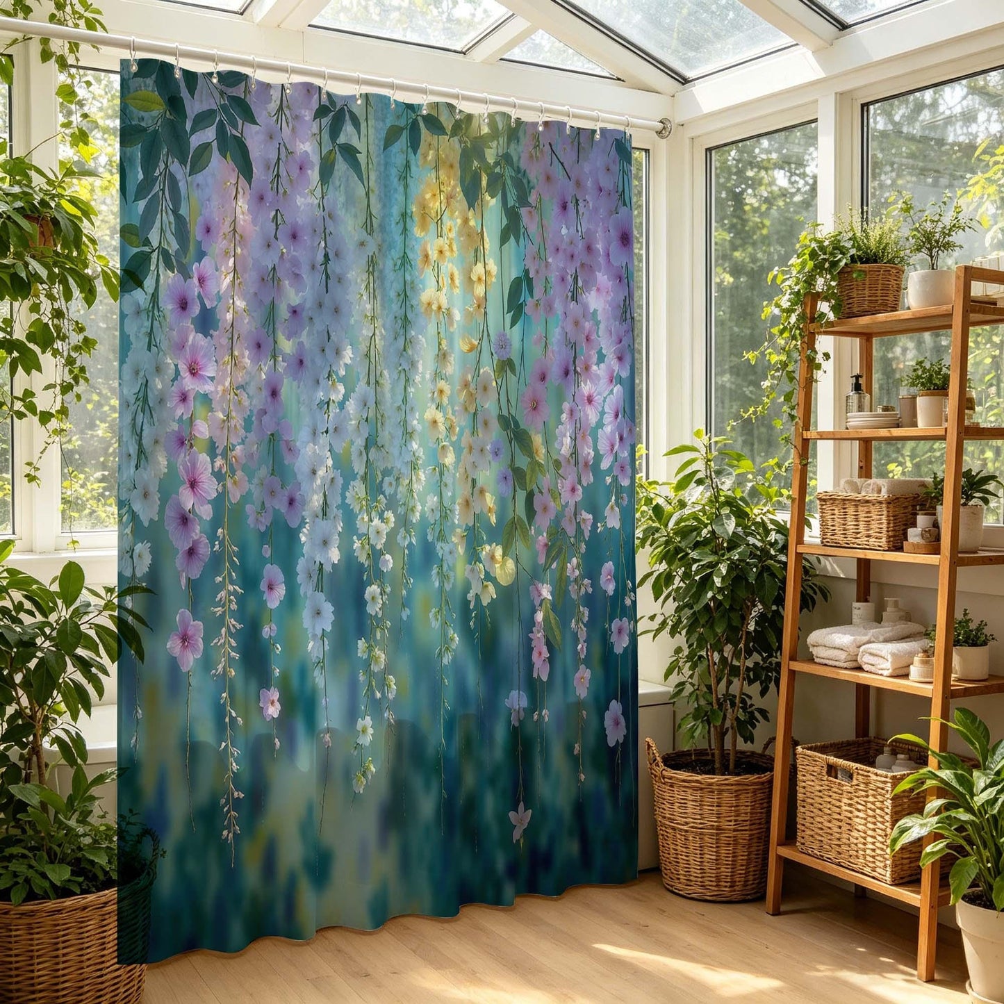 Boho Floral Shower Curtain, Dreamy Watercolor Hanging Flower Vines Print Bathroom Curtain, Teal Green Background Botanical Blossom.