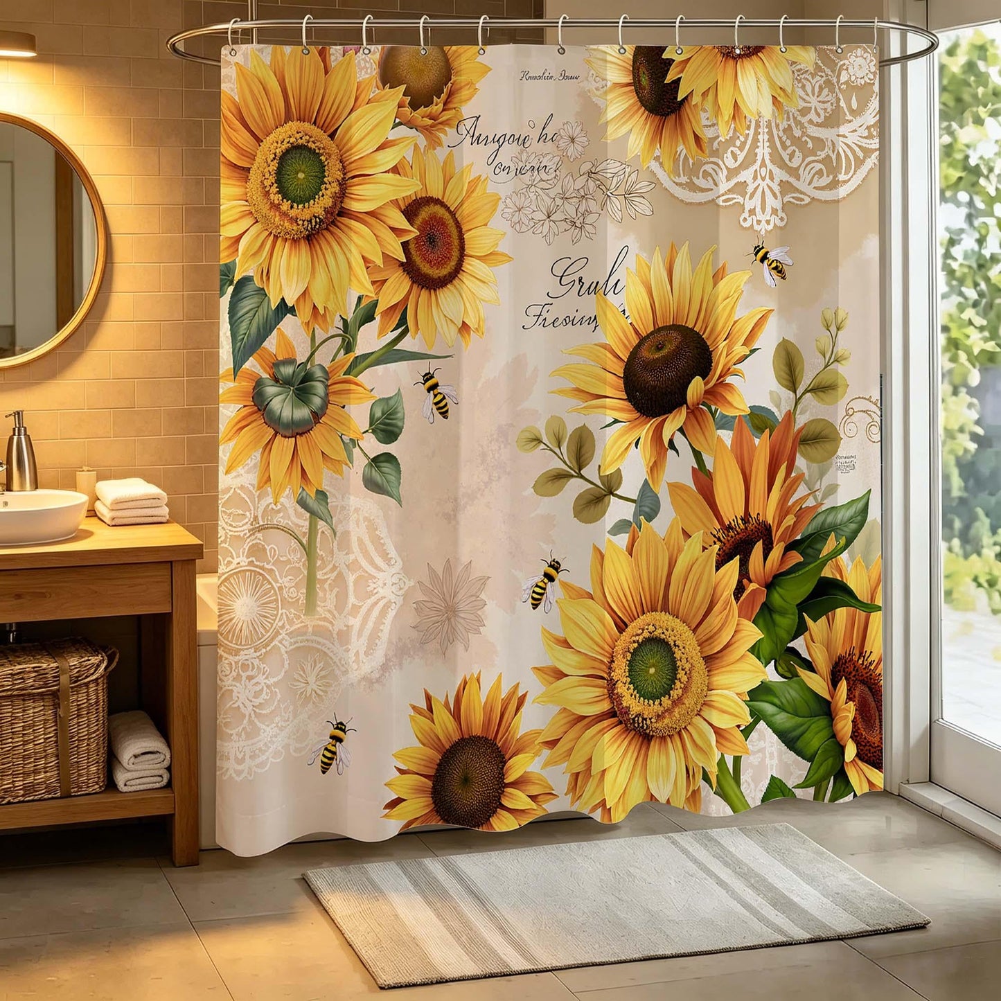 Sunflower Shower Curtain,Vintage Yellow Sunflower with Bees and Lace Print Fabric Bathroom Curtain,Rustic Farmhouse Floral Shower Curtain.