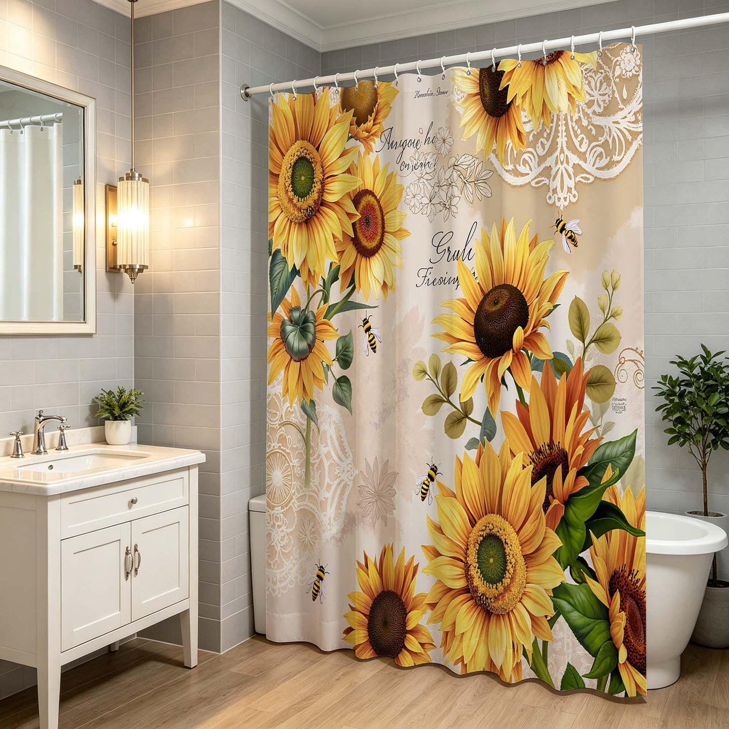 Sunflower Shower Curtain,Vintage Yellow Sunflower with Bees and Lace Print Fabric Bathroom Curtain,Rustic Farmhouse Floral Shower Curtain.