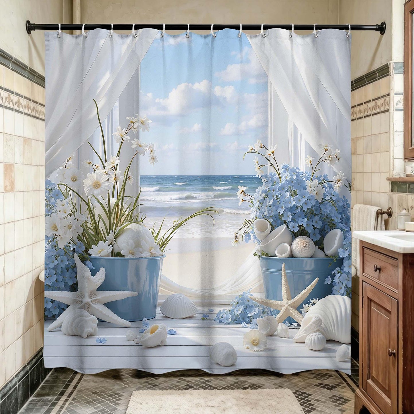 Nautical Beach Window Shower Curtain, Blue and White Floral Starfish Seashell Ocean Wave Bathroom Curtain,Coastal Summer Bathroom Decor.