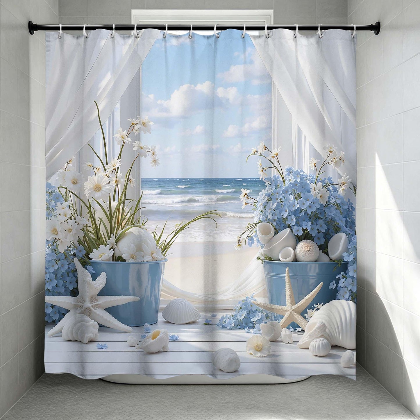 Nautical Beach Window Shower Curtain, Blue and White Floral Starfish Seashell Ocean Wave Bathroom Curtain,Coastal Summer Bathroom Decor.
